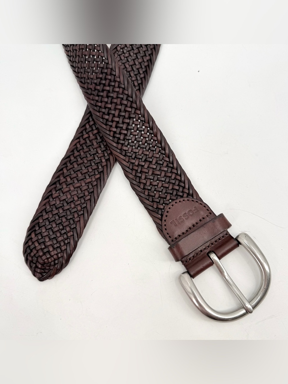 Fossil Belt Women’s M Brown Braided Leather Wide Silver Tone Buckle Boho